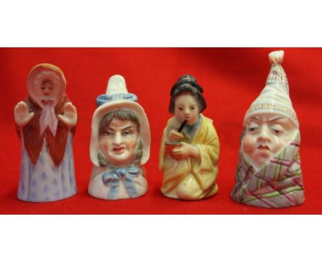 Four Royal Worcester ceramic candle sniffers, one in the form of a Bijin  Condition: Old lady had "flake" off side, glued on.