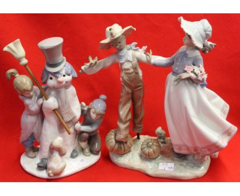 Two Lladro ceramic figure groups, scarecrow and snowman, tallest 24cm high (2)