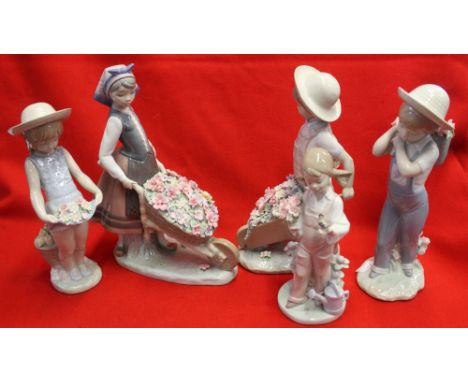 Five Lladro ceramic figures includes two with wheelbarrows of flowers (5)