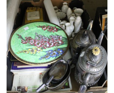 A "Maling" lustre plate, collection of Goss crested ware, four piece silver plated tea set, postcards, cigarette cards, bookl