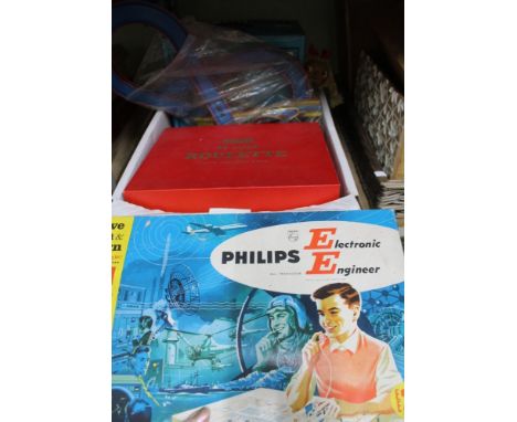 A collection of children's toys including a "Philips Electronic Engineer" kit, a petite typewriter etc