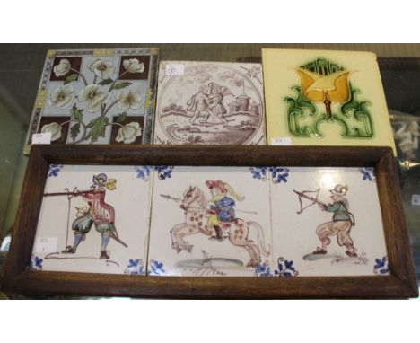 An 18th century Delft tile, hand painted magenta decoration, 13cm square, together with a framed panel of three tiles and two