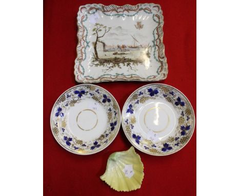 A square&nbsp; French faience dished plate , polychrome decorated with a harbour scene on a white ground centre, with scallop