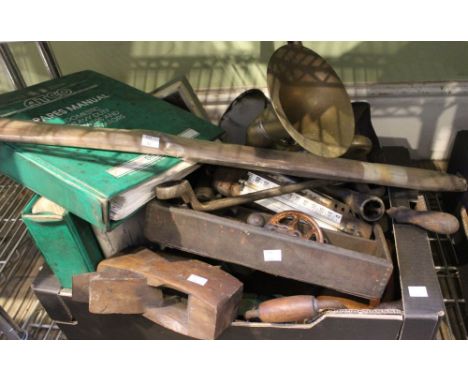 A box of vintage tools, workshop manuals and metal wares various