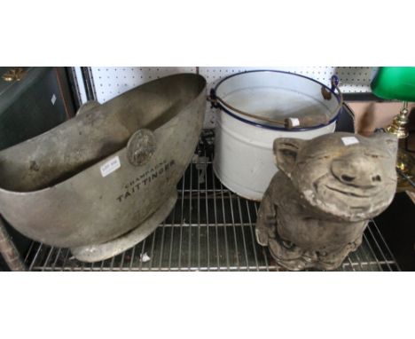 A garden stoneware gargoyle together with a metal enamelled bucket &amp; a metal champagne cooler &amp; two wall hanging plan