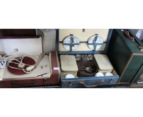 Two vintage cases, together with a record player &amp; picnic set