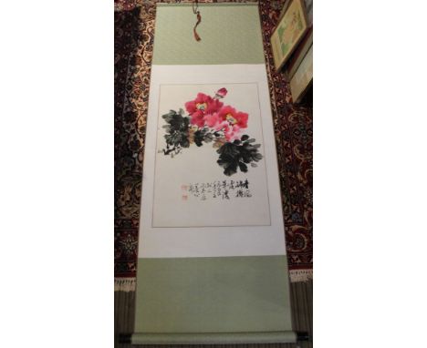 A Chinese floral watercolour scroll with script, image 69cm x 45cm