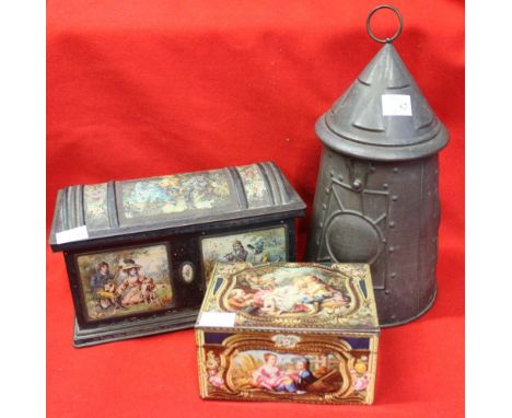 A Huntley and Palmer biscuit tin in the form of a lantern, and two casket type tins (3)