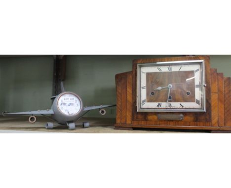 A 1930's Art Deco mantle clock, rectangular dial with Roman numerals, bears presentation plaque, together with a novelty cloc