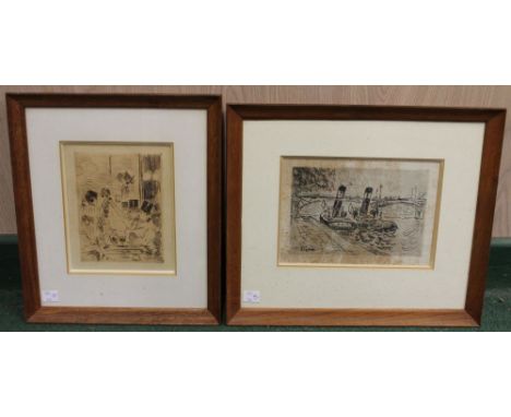 A framed etching, Gents in top hats in a bar, together with a print of river tugs, both framed, mounted and glazed (2)&nbsp;