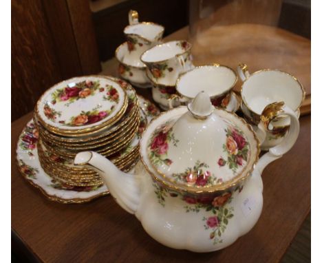 A "Royal Albert" Old Country Roses pattern tea set for six, comprising tea pot, milk jug and sugar bowl, six cups, six saucer