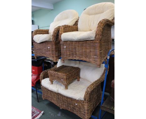 Angraves of Leicester, a suite of wicker furniture comprising two seater sofa, two chairs &amp; a side table, cushions in nee