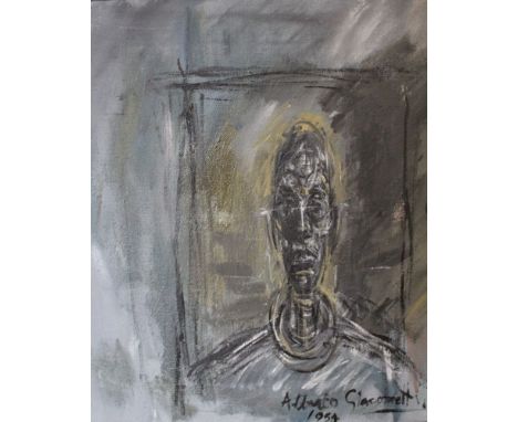 John Myatt, a forgery of an Alberto Giacometti portrait, oil painting on canvas, 41cm x 36cm, framed, together with associate