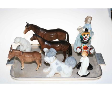 Lladro girl, dog and polar bear, two Beswick horses and donkey, Royal Doulton Darling and glass clown.