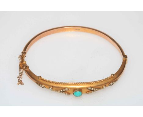 Chester hallmarked 9 carat gold part matt bangle set with seed pearls and turquoise, 1912.