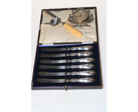 Silver engine-turned boudoir easel clock, Birmingham 1926, antique silver onslow caddy spoon, silver marrow scoop, and cased 