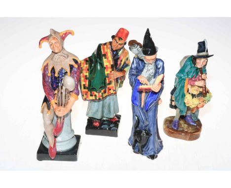 Four Royal Doulton figures, The Mask Seller, Carpet Seller, The Jester and The Wizard.