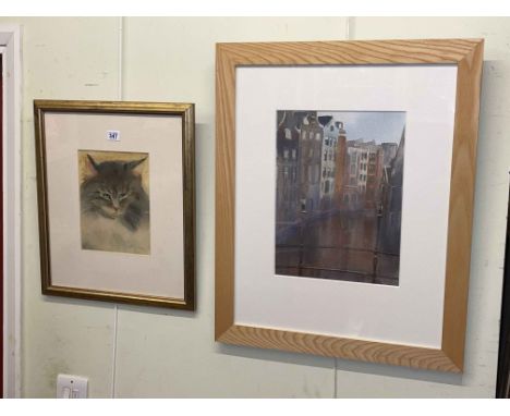 Two signed watercolours by Sakina Jones, Moonlit Buildings and Cat Portrait.