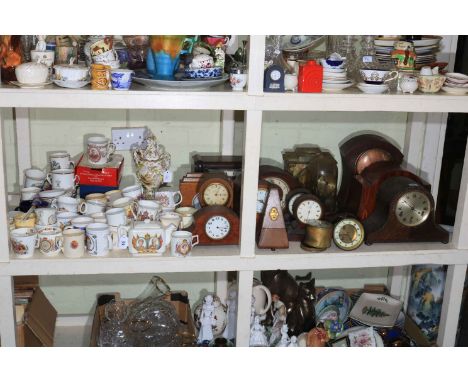 Collection of mantel clocks, metronome, Staffordshire vase, commemorative wares, etc.