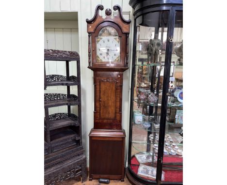 Antique oak and mahogany 30 hour longcase clock having painted arched dial, signed Morrell, Whitby, 236cm.