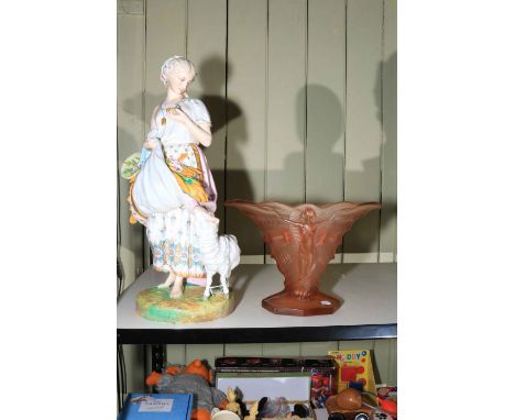 Large bisque figure of a shepherdess and an Art Nouveau peach glass vase.