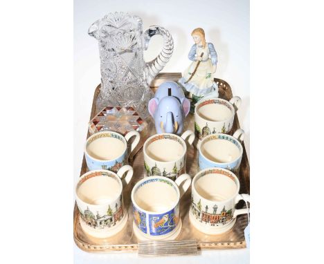 Heavy cut glass jug, Royal Doulton Goose Girl figure, mother of pearl jewellery box, seven Emma Bridgewater mugs.