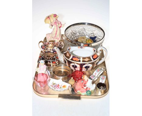 Royal Crown Derby pieces, Royal Doulton figures including Springtime, Home Again and Tinkle Bell, silver bottle coaster and p