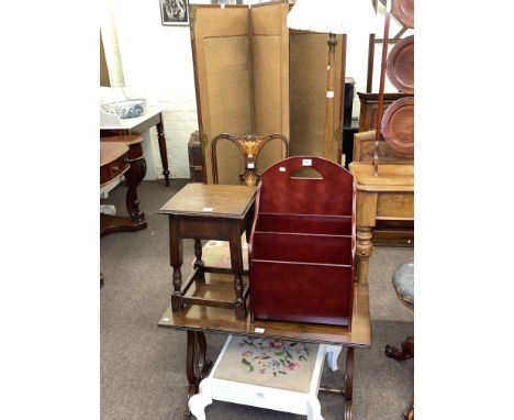 Four fold vanity screen with fabric panels, standard lamp and shade, inlaid side chair, two cakestands, tray, magazine rack, 