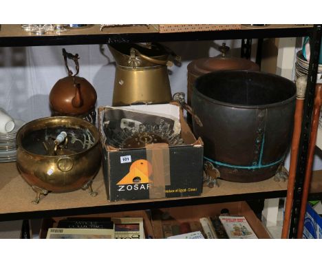Collection of brass and copper wares including coal bucket, coal scuttle, lidded two handled jar, planter, etc.