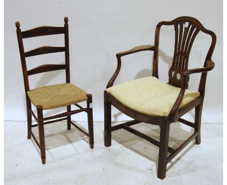 Early 20th century mahogany chair with carved and pierced back splat, shaped arms, bowed seat, moulded leg,&nbsp;one further 