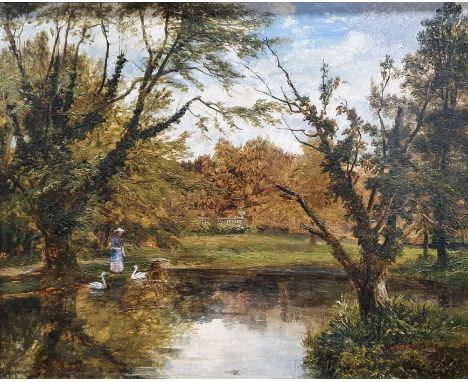 Mark Edwin Dockree (1858-1890)&nbsp;
Oil on board
Figures feeding swans on pond, unsigned, named attributed to frame, 21cm x 