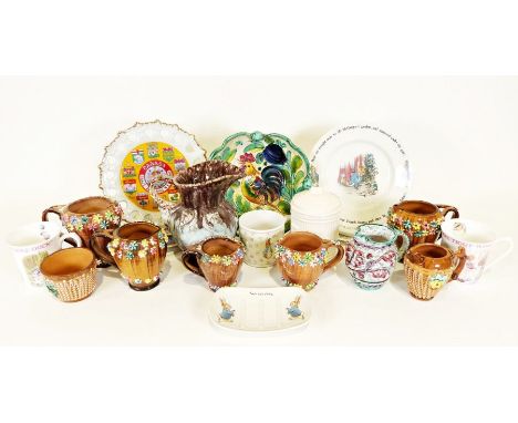 Beatrix Potter mugs, courtesy of Frederick Warne &amp; Co, Italian jugs&nbsp;with appliqued ceramic flowers, quantity of 20th