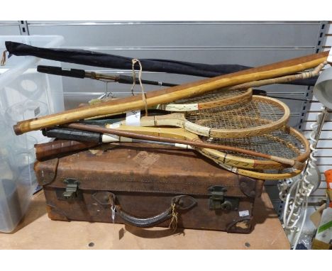Various vintage tennis rackets&nbsp;by Dunlop, Courtcraft, etc, a leather suitcase, a fishing rod&nbsp;and a bowler hat&nbsp;
