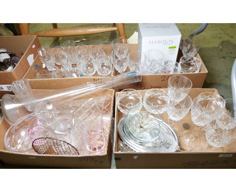 Set of four Waterford marquis wine glasses, a large raven head glass vase&nbsp;and assorted glassware&nbsp;(4 boxes)&nbsp;
