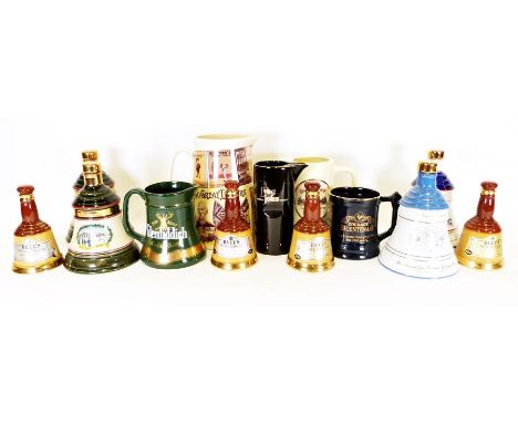Quantity of Bells Scotch whiskey souvenir bottles, shaped as bells in various sizes,&nbsp;advertising jugs&nbsp;for Long John