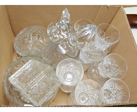 Webb Corbett cut glass decanter, a set of seven Royal Doulton wine glasses together with assorted cut glassware (1 box)