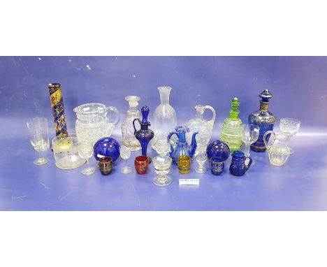 Assorted glassware&nbsp;to include engraved sherries, tumblers, Venetian-style vase, decanters, cut glass water jug and a fra