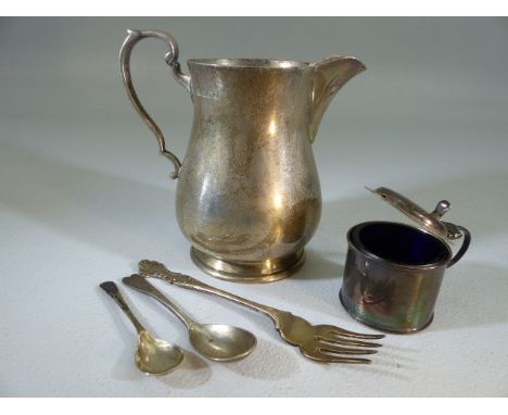 Collection of Hallmarked silver items including Jug (maker GH), two silver salt spoons, a silver fork and a silver salt pot (