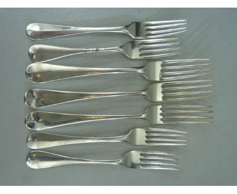 Selection of hallmarked silver forks to include Georgian. (7) Pair by H J Lias &amp; Son. Another Georgian pair marked W.S 17