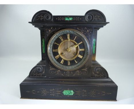 Antique Slate architectural mantle clock inlaid with Malachite to front. 