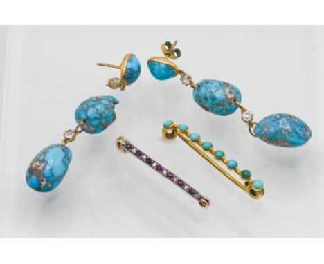 A mixed collection to include a modern turquoise bar brooch, a modern ruby and diamond bar brooch and turquoise drop earrings
