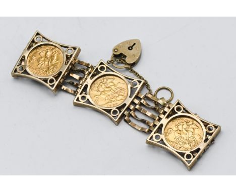 A 9ct gold gate bracelet, set within three half sovereigns two 1911, one 1907, with padlock and safety chain, weight 29.4g.