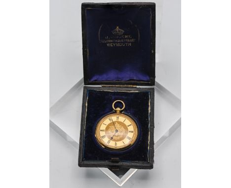 A 18ct antique gold pocket watch, 46.3 grams, the dial with roman numerals, with engine turned case back, key wind movement, 