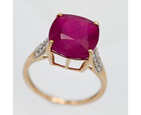 A 9k African ruby and Moissanite ring, approx. 11.89ct, size Q, with certificate.
