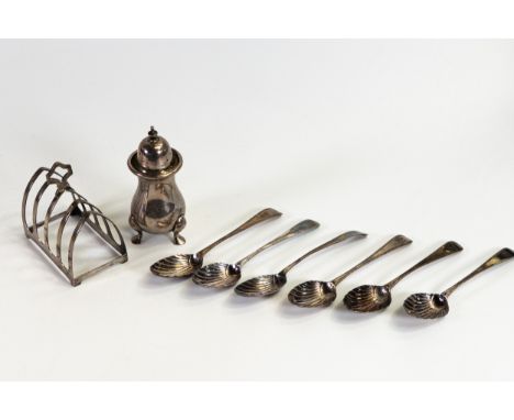 Silver toast rack, pepper pot &amp; 6 George III tea spoons, hallmarks on spoons worn, but sponser mark for Hester Bateman ca