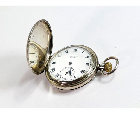 Silver full hunter pocket watch by J W Benson, case by Dennison, gross weight 102.6g.  Fully hallmarked case for Birmingham 1