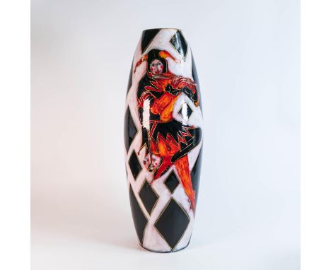 Large Anita Harris Art Pottery vase decorated with a Jester playing a flute, limited edition of one only, height 50cm. with c