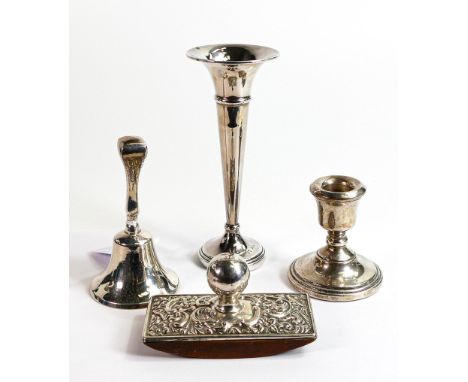 Collection of sterling silver items including candlestick, blotter, silver handled bell &amp; 15cm silver vase (4) 