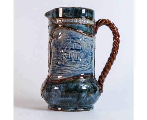 A Royal Doulton Stoneware commemorative Admiral Lord Nelson Jug, swollen cylindrical form with applied rope handle, modelled 