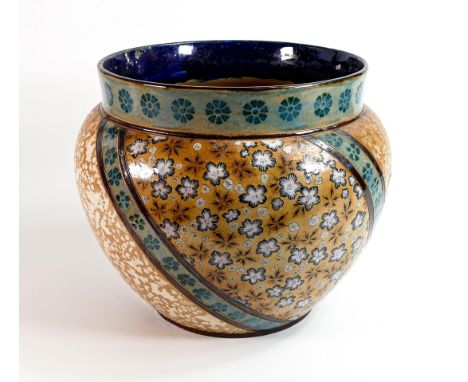 Doulton Lambeth Stoneware large planter decorated with various flower heads by Eliza Simmance, h.26 x d.32cm. Internal staini